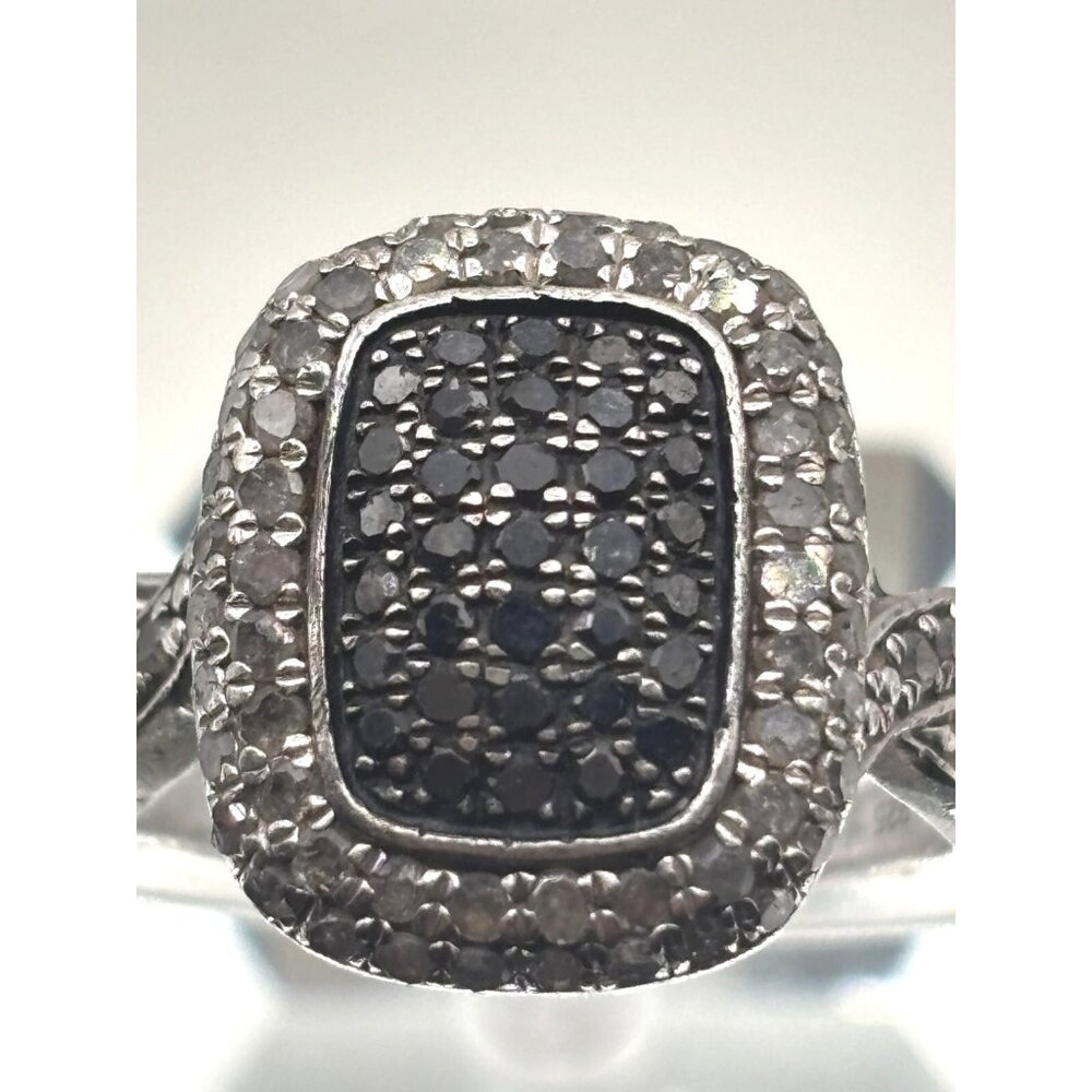 Stunning Black Diamonds White Topaz Ring 6.5 Silver 925 Rectangle Pave Setting